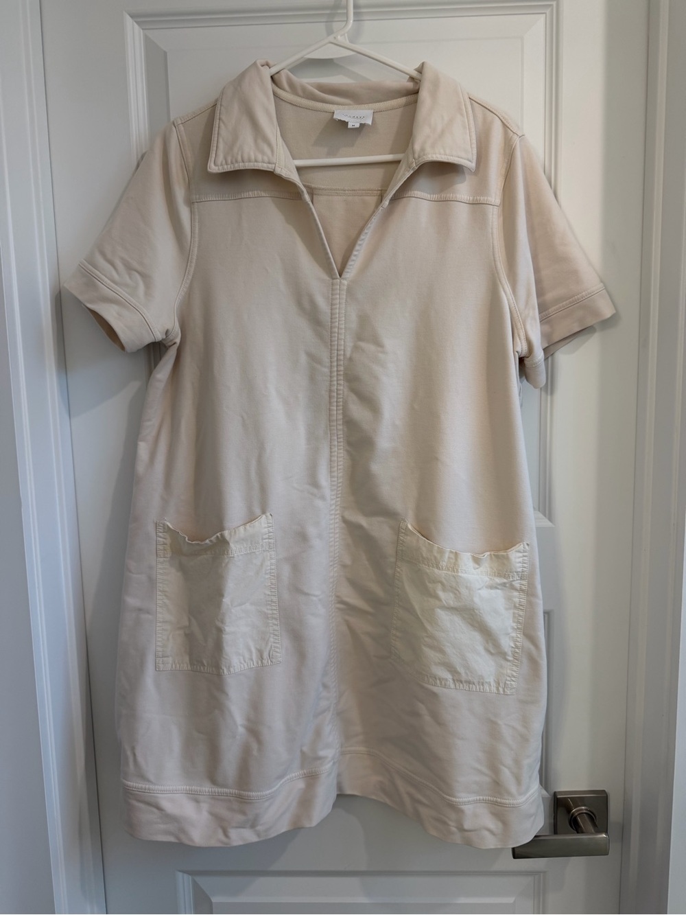 sundays Cream Short-Sleeve Collared Shift Dress with Front Pockets